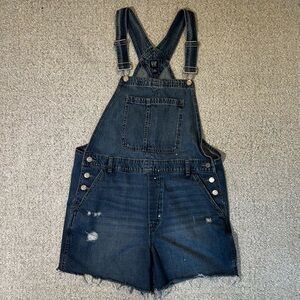 GAP Medium Wash Distressed Denim Short Overalls Size L